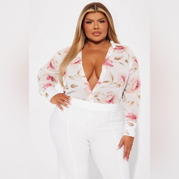 Sheer Floral Shirt - Ivory/Combo - Size Large - Picture 4 of 11